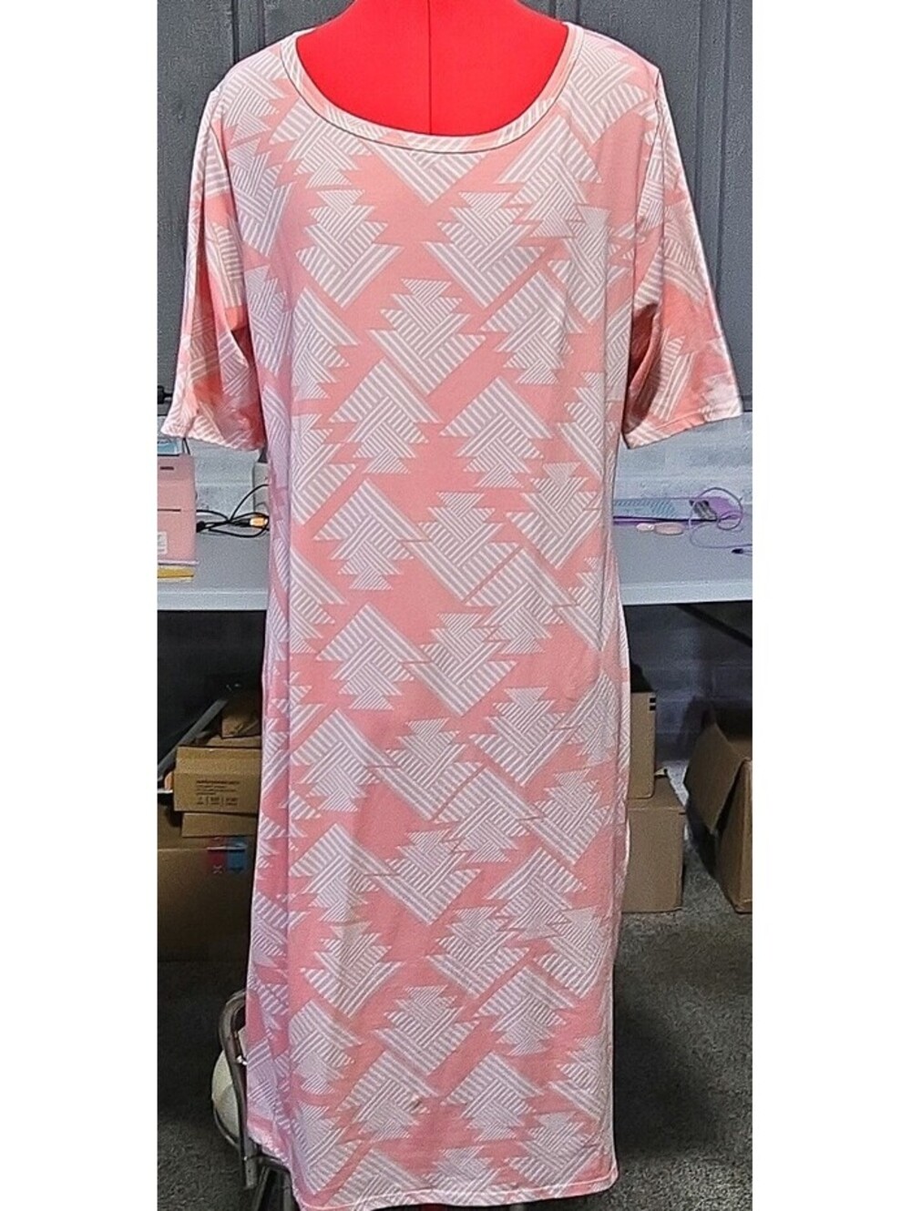 LuLaRoe Pink White Geometric Knit Julia Dress 2XL Short Sleeve